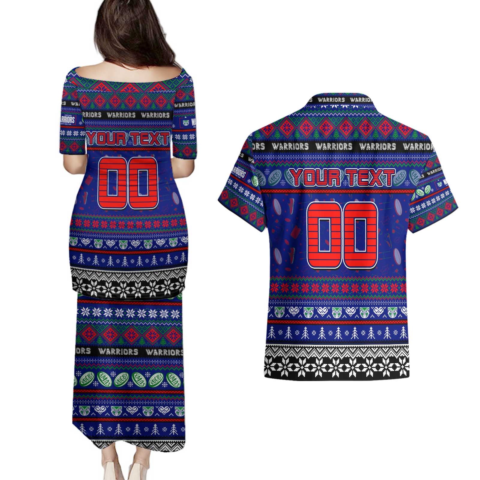 Personalized New Zealand Warriors Rugby Xmas Couples Matching Puletasi and Hawaiian Shirt Australia NRL Mascot