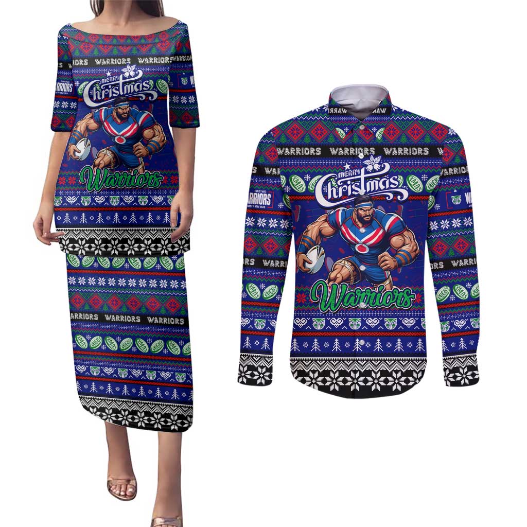 Personalized New Zealand Warriors Rugby Xmas Couples Matching Puletasi and Long Sleeve Button Shirt Australia NRL Mascot