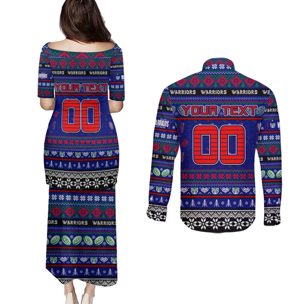 Personalized New Zealand Warriors Rugby Xmas Couples Matching Puletasi and Long Sleeve Button Shirt Australia NRL Mascot