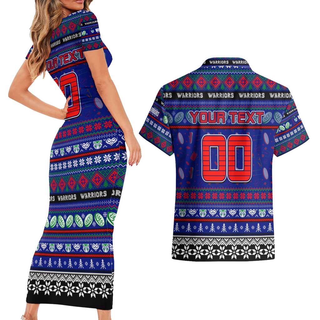 Personalized New Zealand Warriors Rugby Xmas Couples Matching Short Sleeve Bodycon Dress and Hawaiian Shirt Australia NRL Mascot