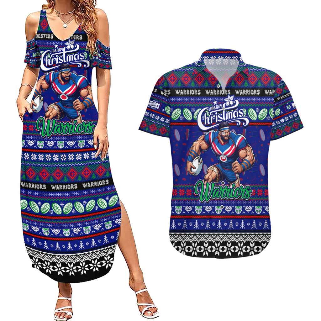 Personalized New Zealand Warriors Rugby Xmas Couples Matching Summer Maxi Dress and Hawaiian Shirt Australia NRL Mascot