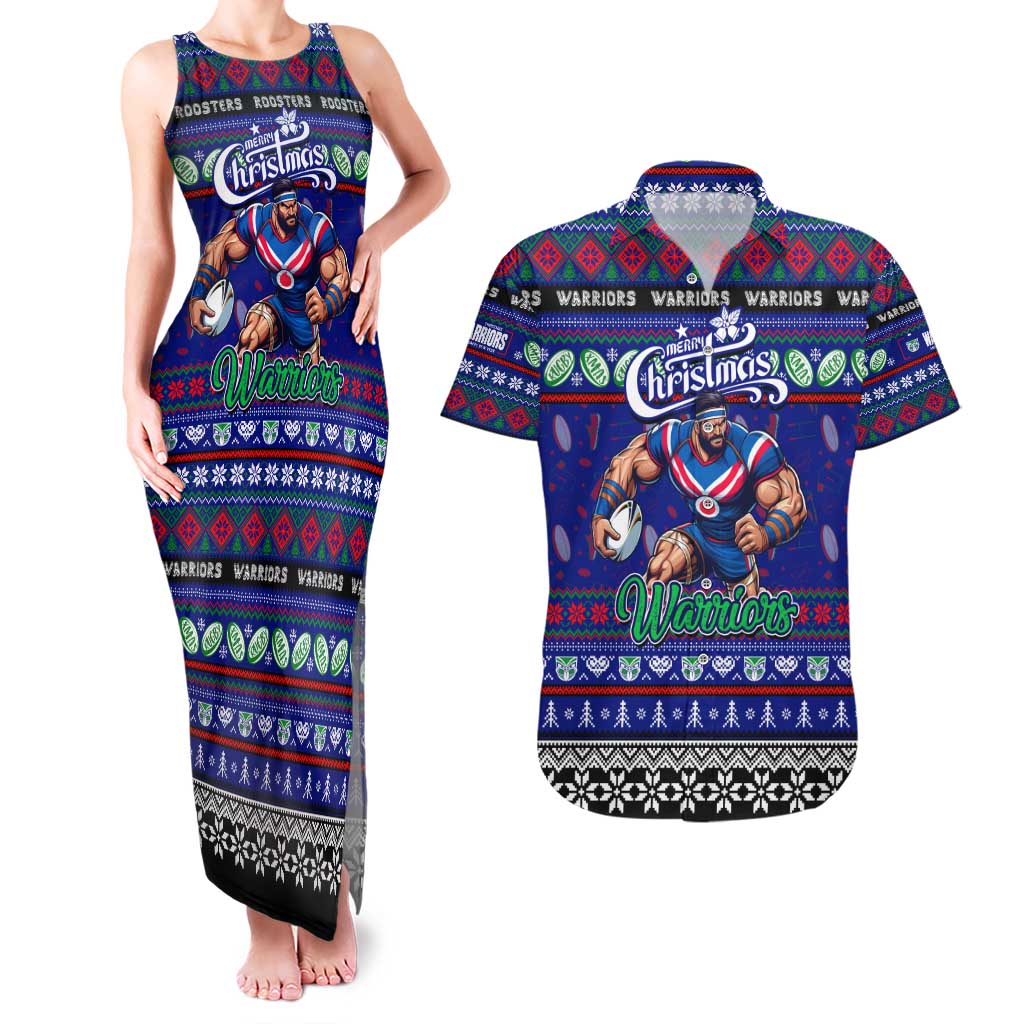 Personalized New Zealand Warriors Rugby Xmas Couples Matching Tank Maxi Dress and Hawaiian Shirt Australia NRL Mascot
