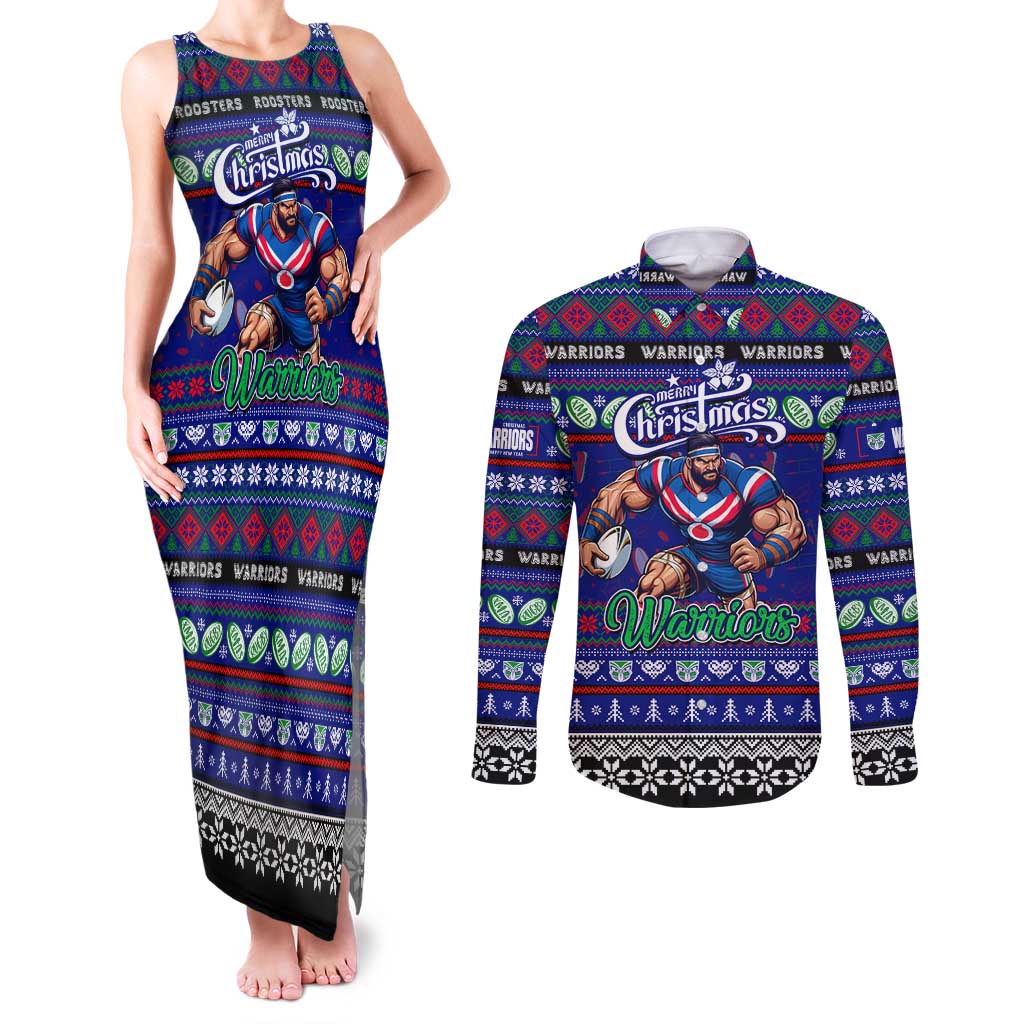 Personalized New Zealand Warriors Rugby Xmas Couples Matching Tank Maxi Dress and Long Sleeve Button Shirt Australia NRL Mascot