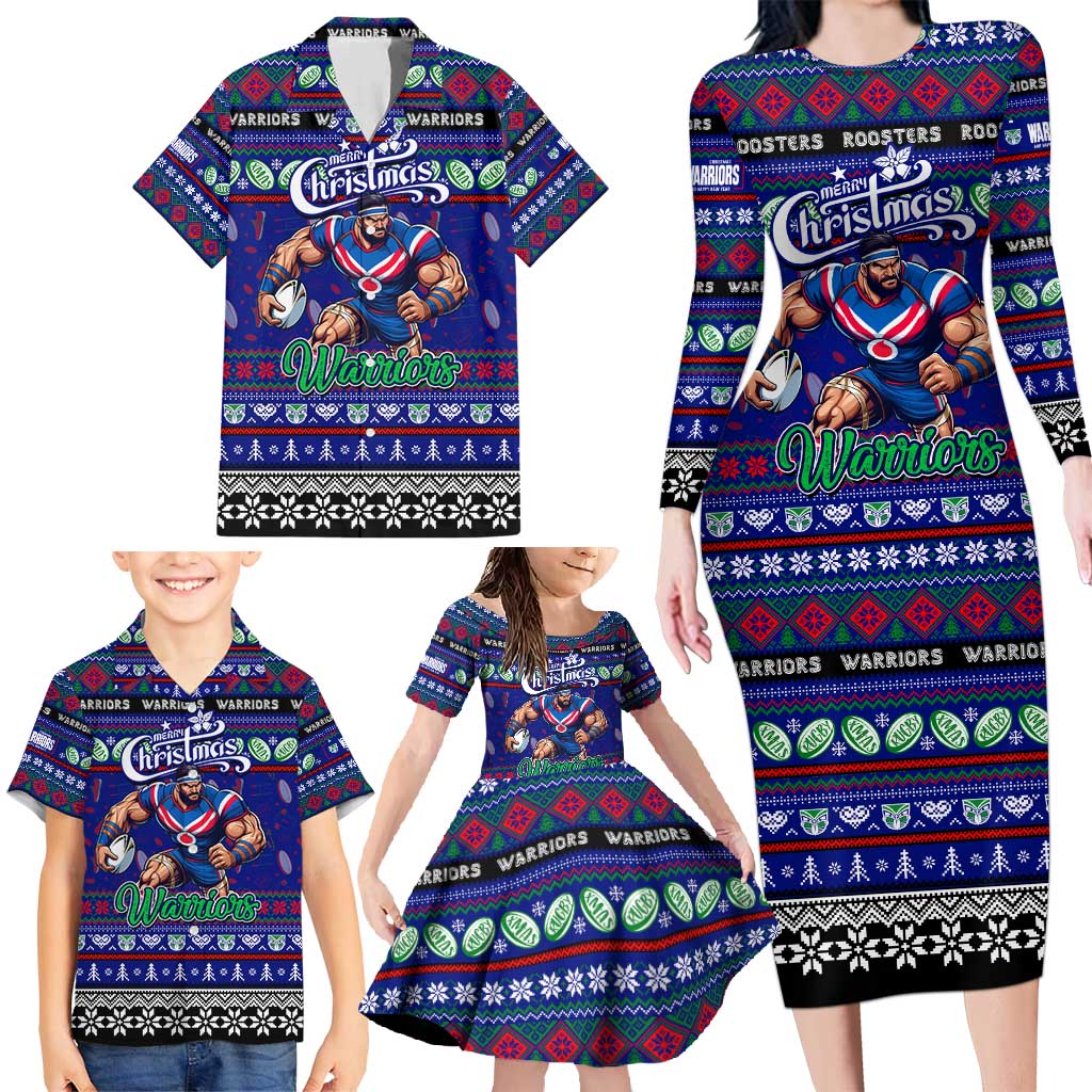 Personalized New Zealand Warriors Rugby Xmas Family Matching Long Sleeve Bodycon Dress and Hawaiian Shirt Australia NRL Mascot