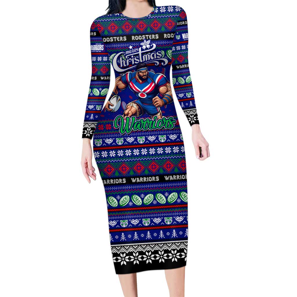 Personalized New Zealand Warriors Rugby Xmas Family Matching Long Sleeve Bodycon Dress and Hawaiian Shirt Australia NRL Mascot