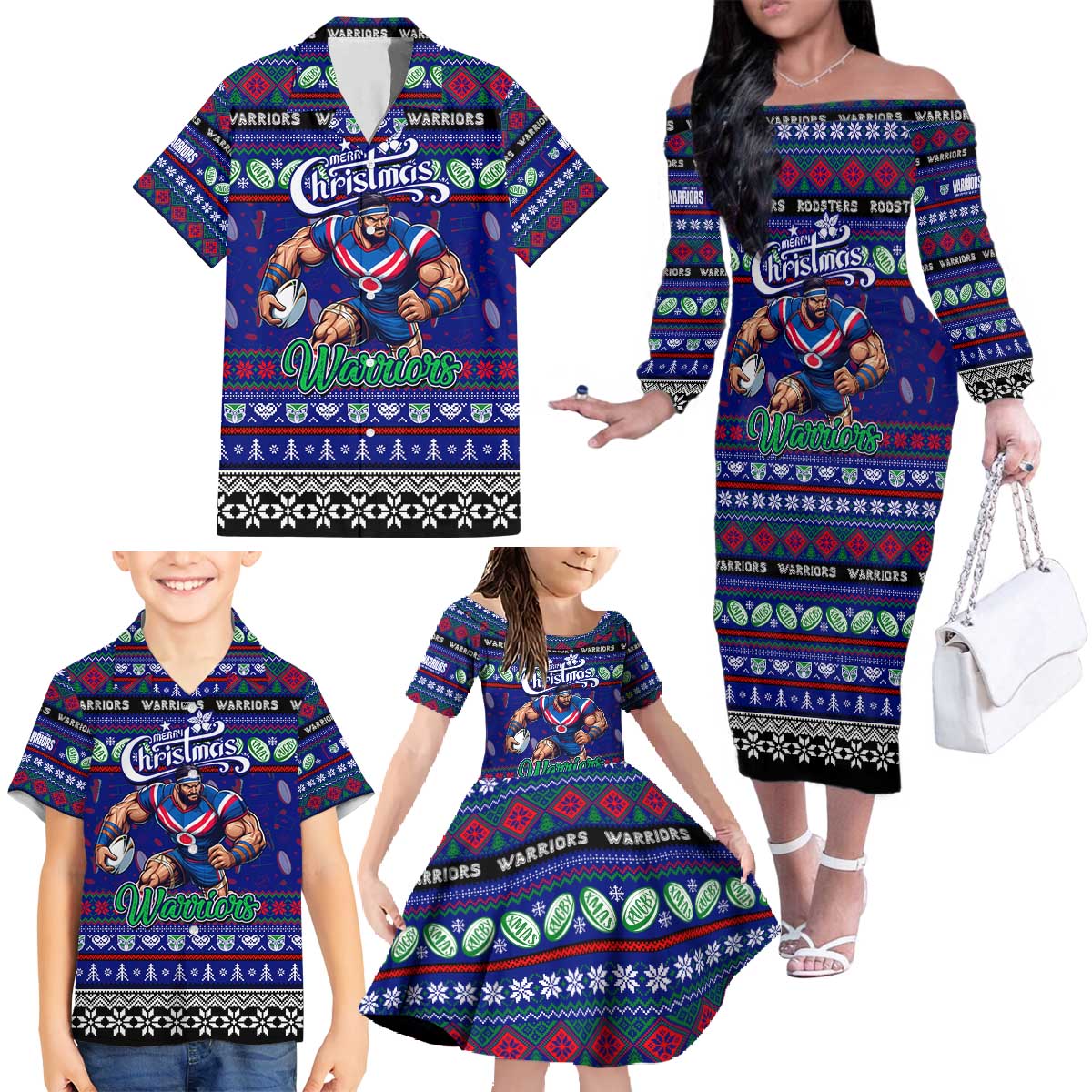 Personalized New Zealand Warriors Rugby Xmas Family Matching Off The Shoulder Long Sleeve Dress and Hawaiian Shirt Australia NRL Mascot