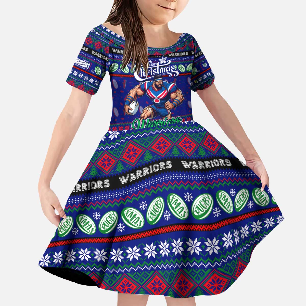 Personalized New Zealand Warriors Rugby Xmas Family Matching Off The Shoulder Long Sleeve Dress and Hawaiian Shirt Australia NRL Mascot