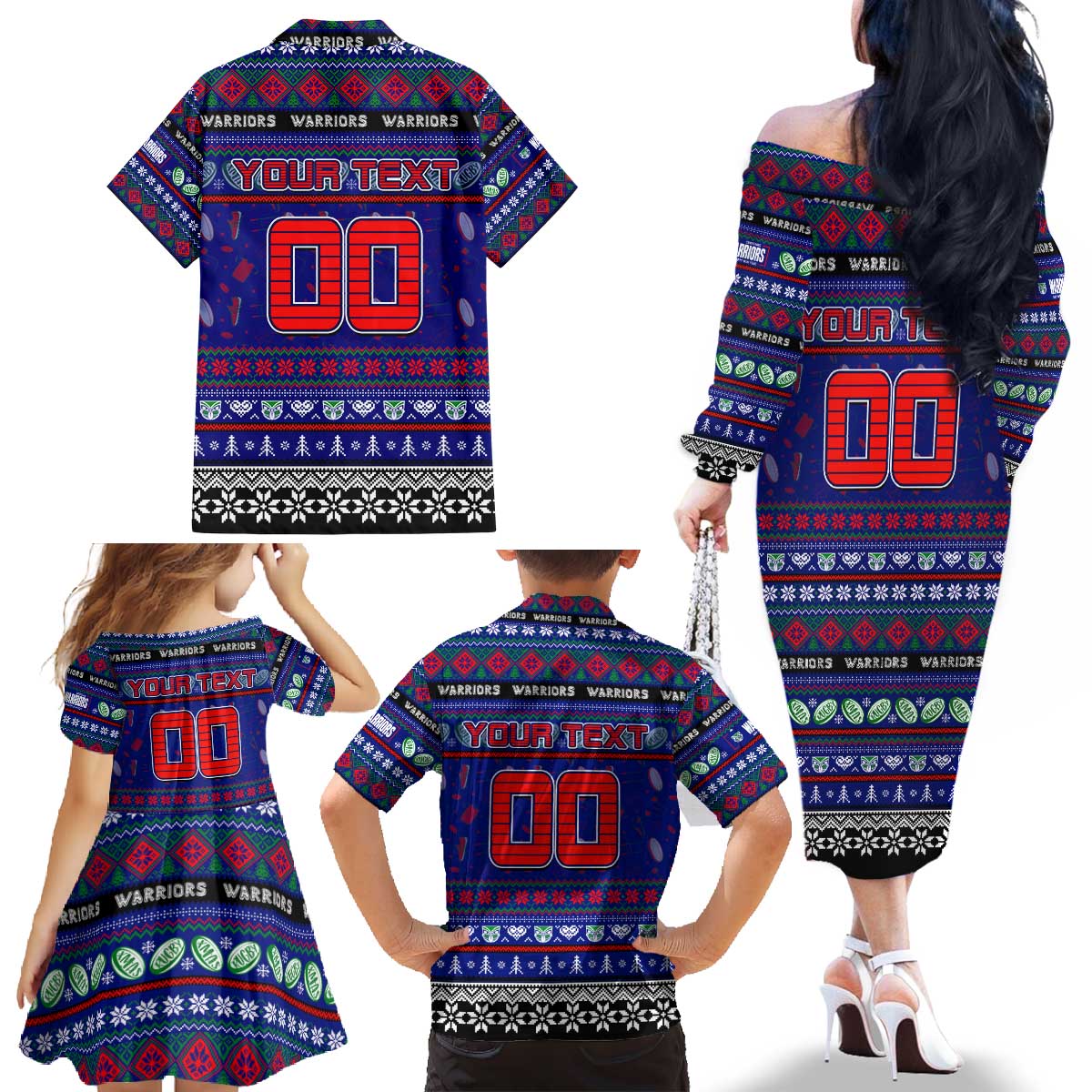 Personalized New Zealand Warriors Rugby Xmas Family Matching Off The Shoulder Long Sleeve Dress and Hawaiian Shirt Australia NRL Mascot