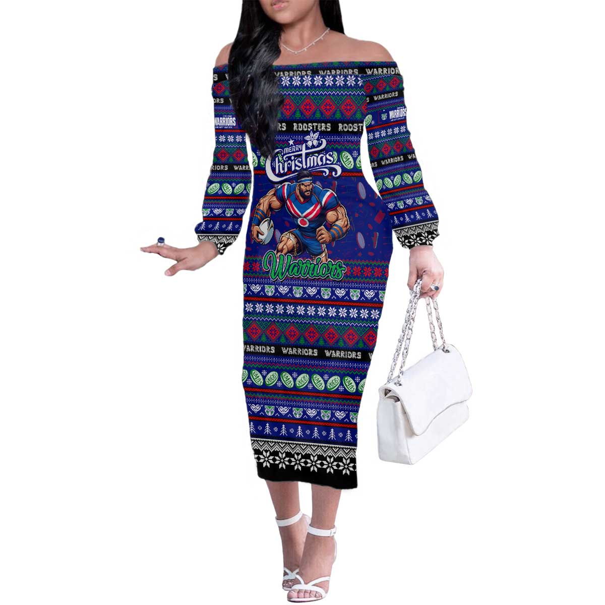 Personalized New Zealand Warriors Rugby Xmas Family Matching Off The Shoulder Long Sleeve Dress and Hawaiian Shirt Australia NRL Mascot