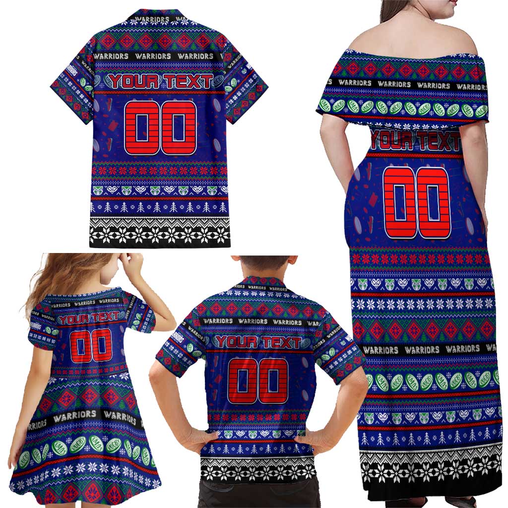 Personalized New Zealand Warriors Rugby Xmas Family Matching Off Shoulder Maxi Dress and Hawaiian Shirt Australia NRL Mascot