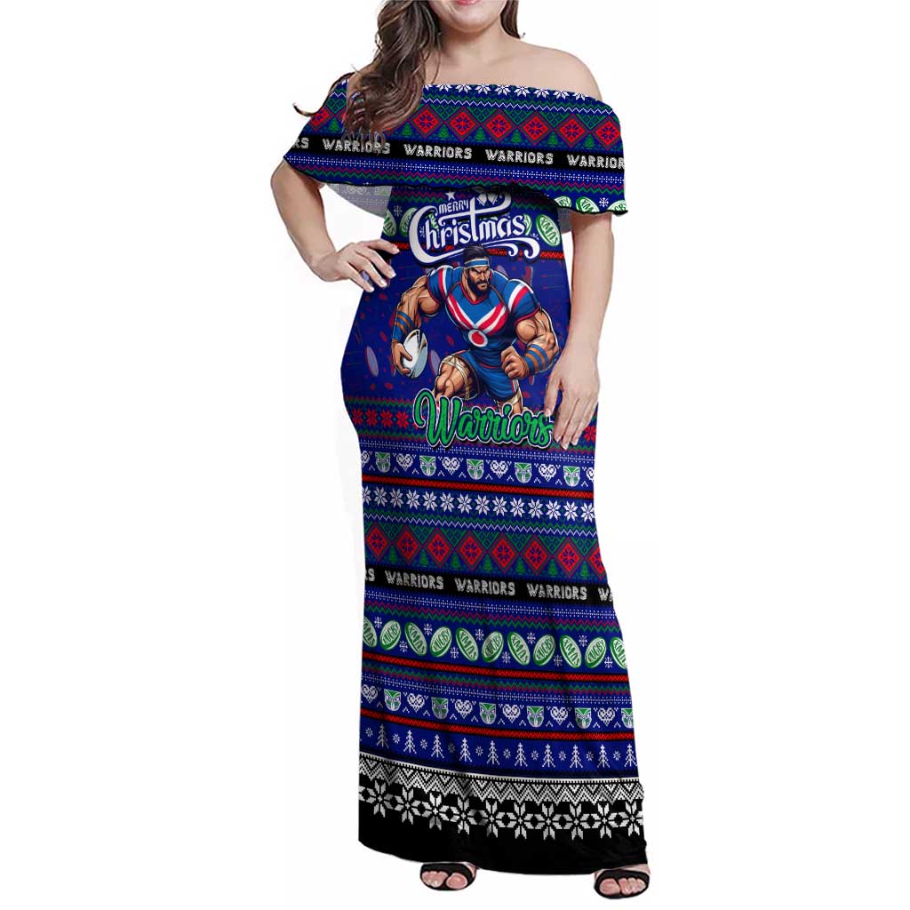 Personalized New Zealand Warriors Rugby Xmas Family Matching Off Shoulder Maxi Dress and Hawaiian Shirt Australia NRL Mascot