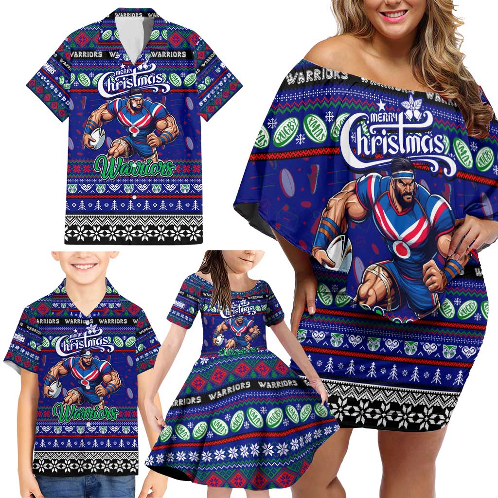 Personalized New Zealand Warriors Rugby Xmas Family Matching Off Shoulder Short Dress and Hawaiian Shirt Australia NRL Mascot