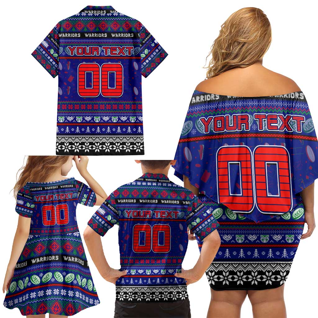 Personalized New Zealand Warriors Rugby Xmas Family Matching Off Shoulder Short Dress and Hawaiian Shirt Australia NRL Mascot