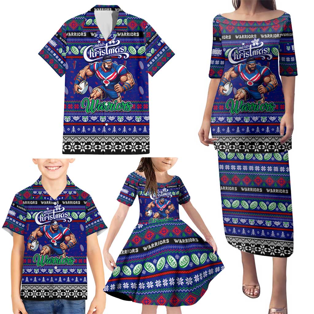 Personalized New Zealand Warriors Rugby Xmas Family Matching Puletasi and Hawaiian Shirt Australia NRL Mascot