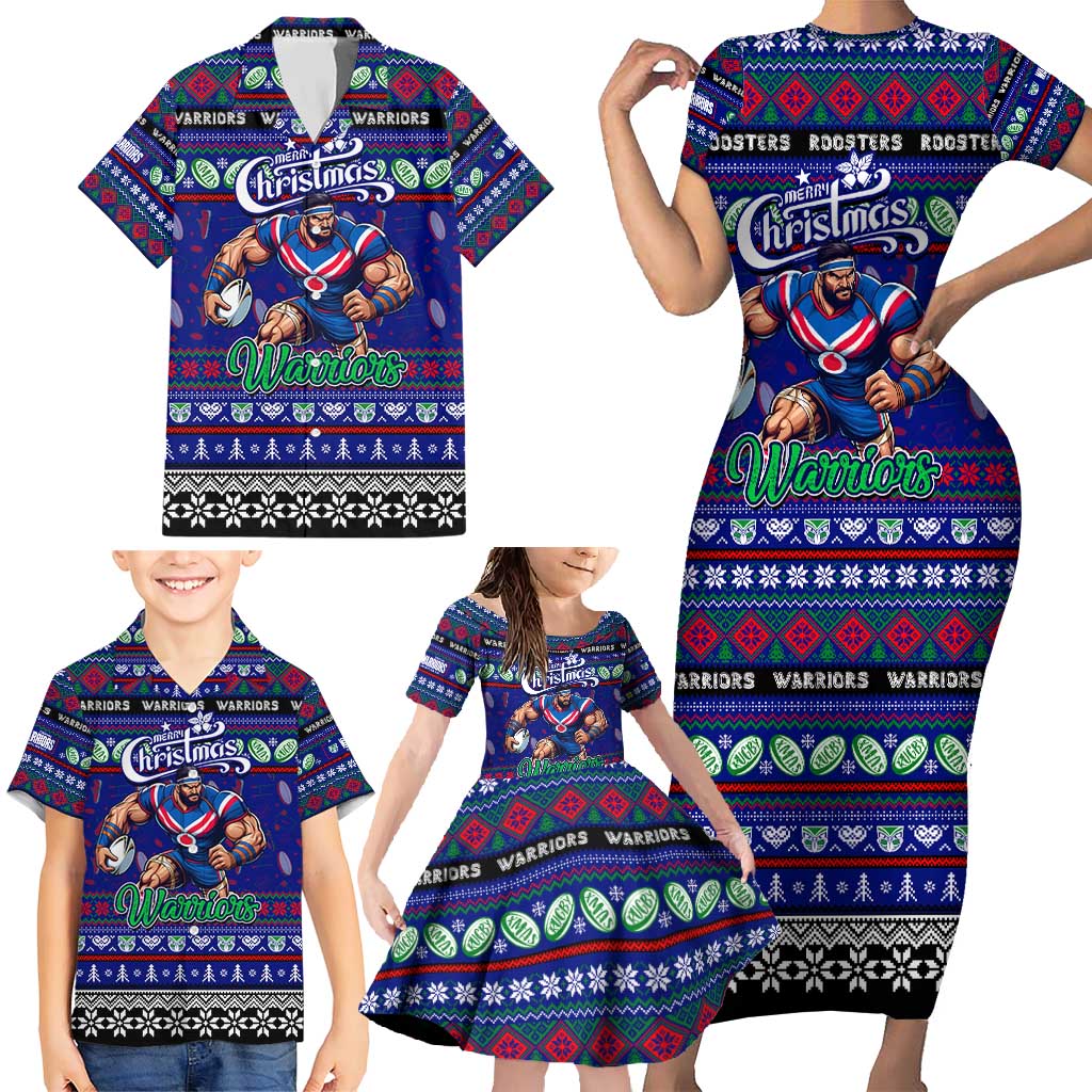 Personalized New Zealand Warriors Rugby Xmas Family Matching Short Sleeve Bodycon Dress and Hawaiian Shirt Australia NRL Mascot
