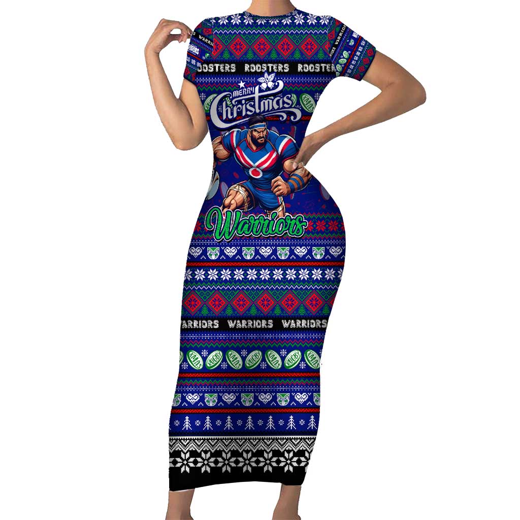 Personalized New Zealand Warriors Rugby Xmas Family Matching Short Sleeve Bodycon Dress and Hawaiian Shirt Australia NRL Mascot