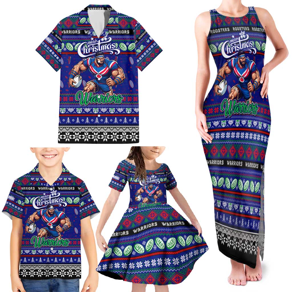 Personalized New Zealand Warriors Rugby Xmas Family Matching Tank Maxi Dress and Hawaiian Shirt Australia NRL Mascot