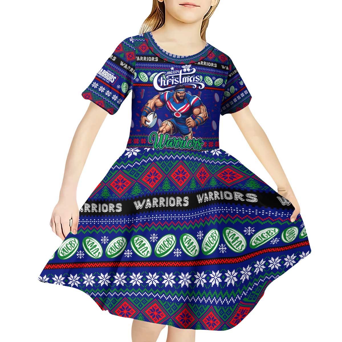 Personalized New Zealand Warriors Rugby Xmas Kid Short Sleeve Dress Australia NRL Mascot - Vibe Hoodie Shop