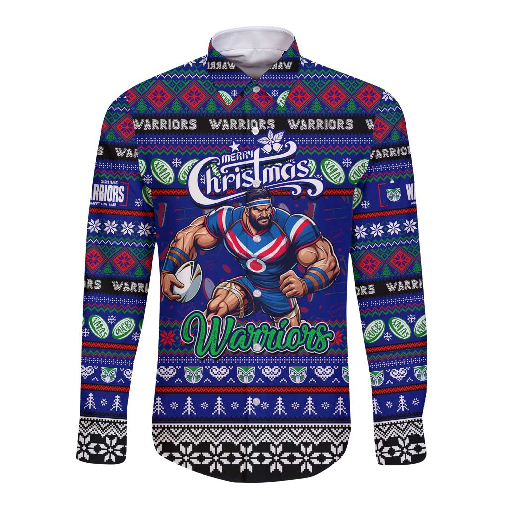 Personalized New Zealand Warriors Rugby Xmas Long Sleeve Button Shirt Australia NRL Mascot - Vibe Hoodie Shop