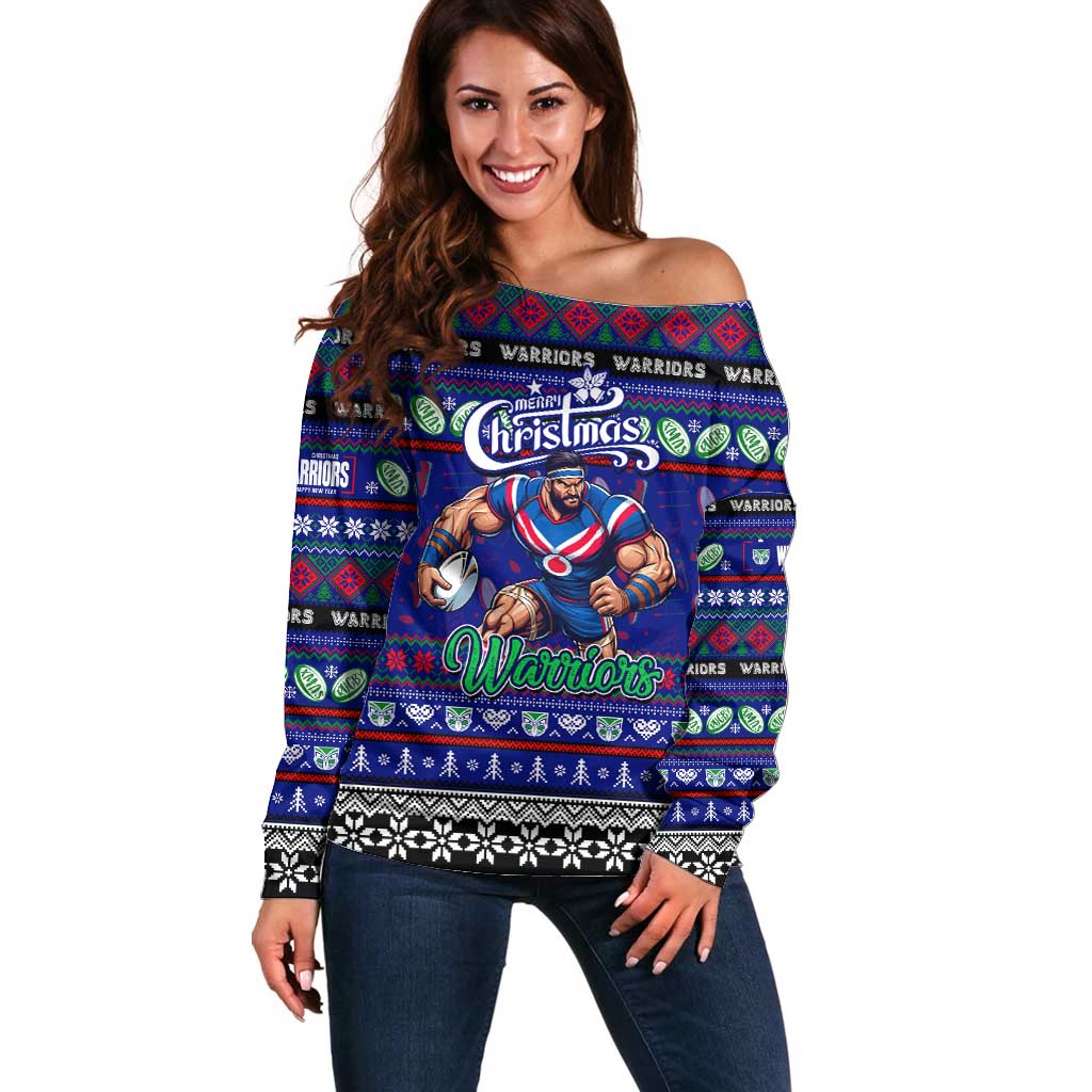 Personalized New Zealand Warriors Rugby Xmas Off Shoulder Sweater Australia NRL Mascot - Vibe Hoodie Shop