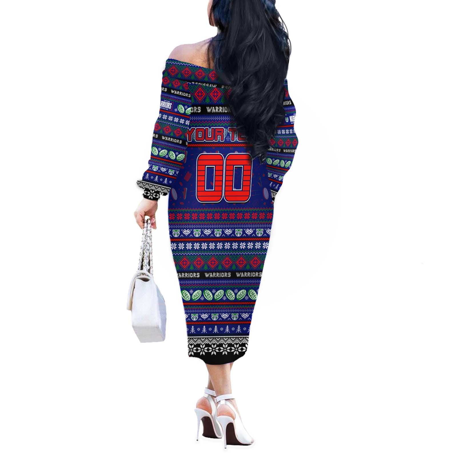 Personalized New Zealand Warriors Rugby Xmas Off The Shoulder Long Sleeve Dress Australia NRL Mascot