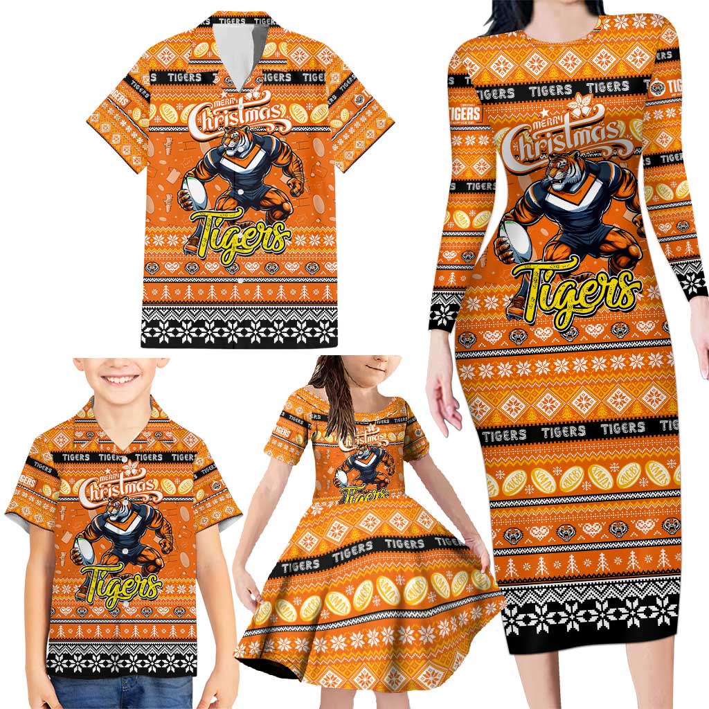 Personalized Tigers Rugby Xmas Family Matching Long Sleeve Bodycon Dress and Hawaiian Shirt Australia NRL Mascot