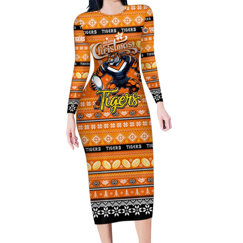 Personalized Tigers Rugby Xmas Family Matching Long Sleeve Bodycon Dress and Hawaiian Shirt Australia NRL Mascot