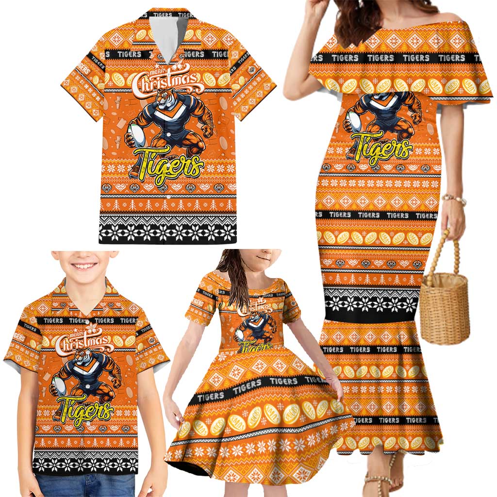 Personalized Tigers Rugby Xmas Family Matching Mermaid Dress and Hawaiian Shirt Australia NRL Mascot