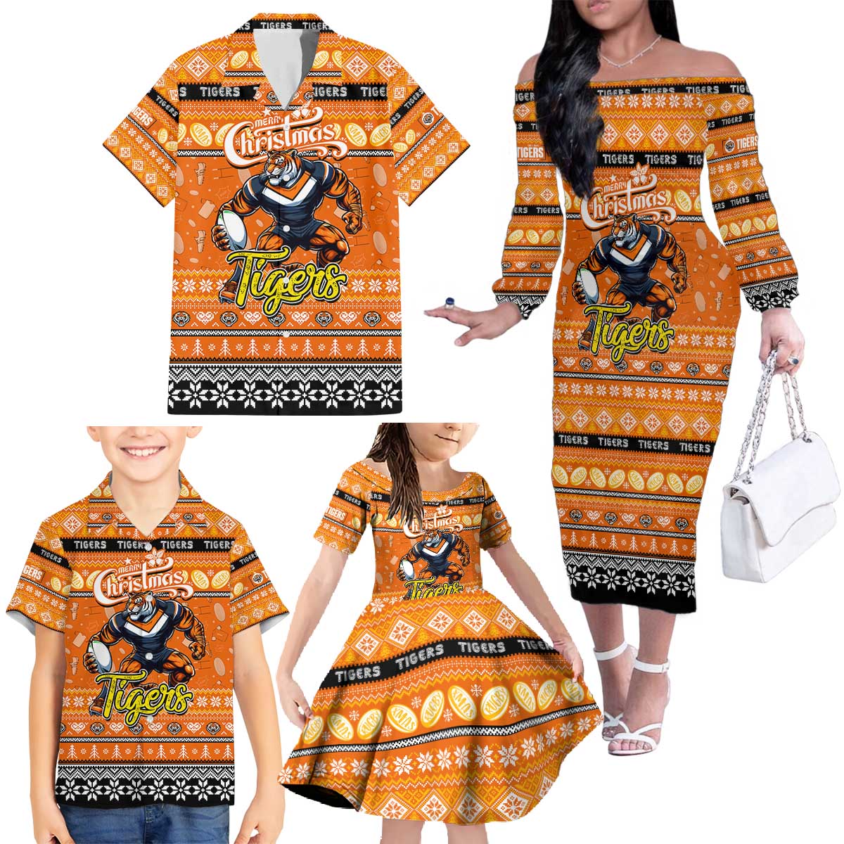 Personalized Tigers Rugby Xmas Family Matching Off The Shoulder Long Sleeve Dress and Hawaiian Shirt Australia NRL Mascot
