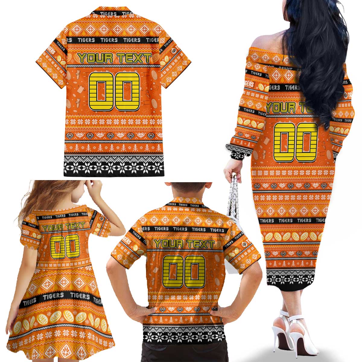 Personalized Tigers Rugby Xmas Family Matching Off The Shoulder Long Sleeve Dress and Hawaiian Shirt Australia NRL Mascot