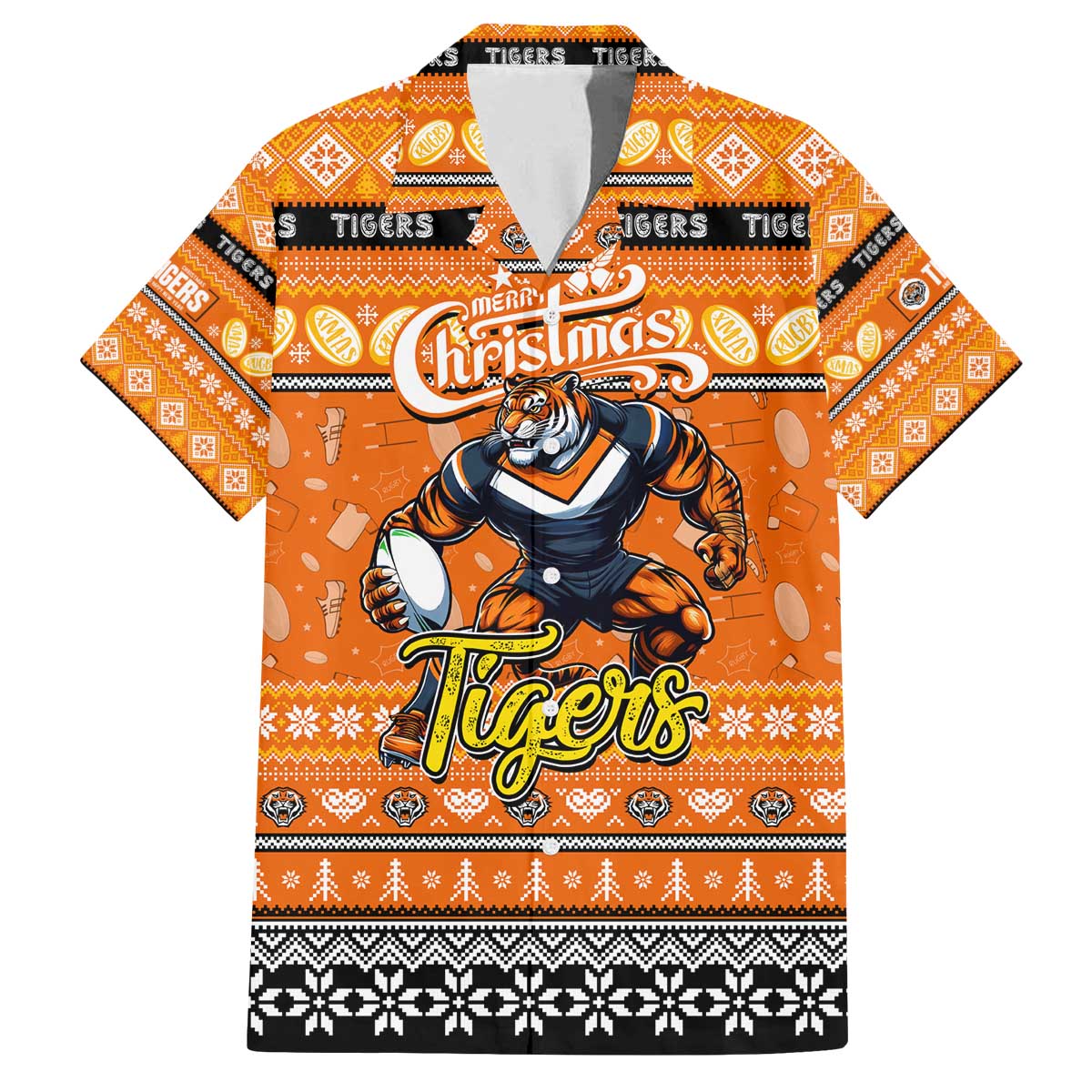 Personalized Tigers Rugby Xmas Family Matching Off The Shoulder Long Sleeve Dress and Hawaiian Shirt Australia NRL Mascot