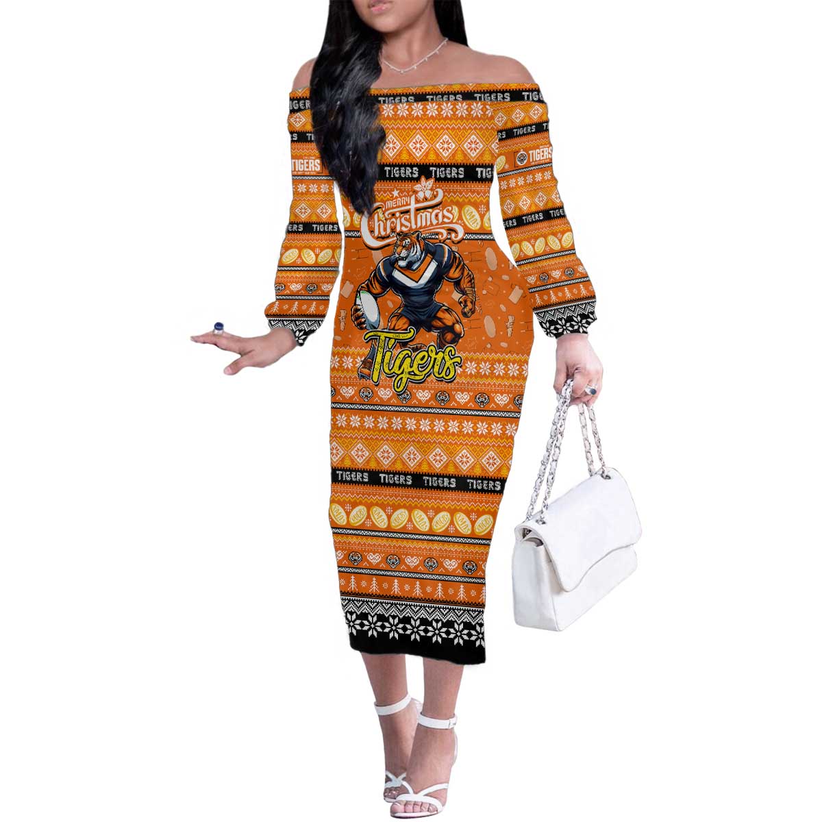 Personalized Tigers Rugby Xmas Family Matching Off The Shoulder Long Sleeve Dress and Hawaiian Shirt Australia NRL Mascot