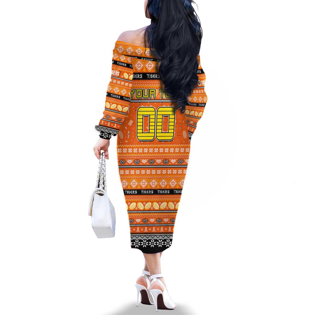 Personalized Tigers Rugby Xmas Family Matching Off The Shoulder Long Sleeve Dress and Hawaiian Shirt Australia NRL Mascot