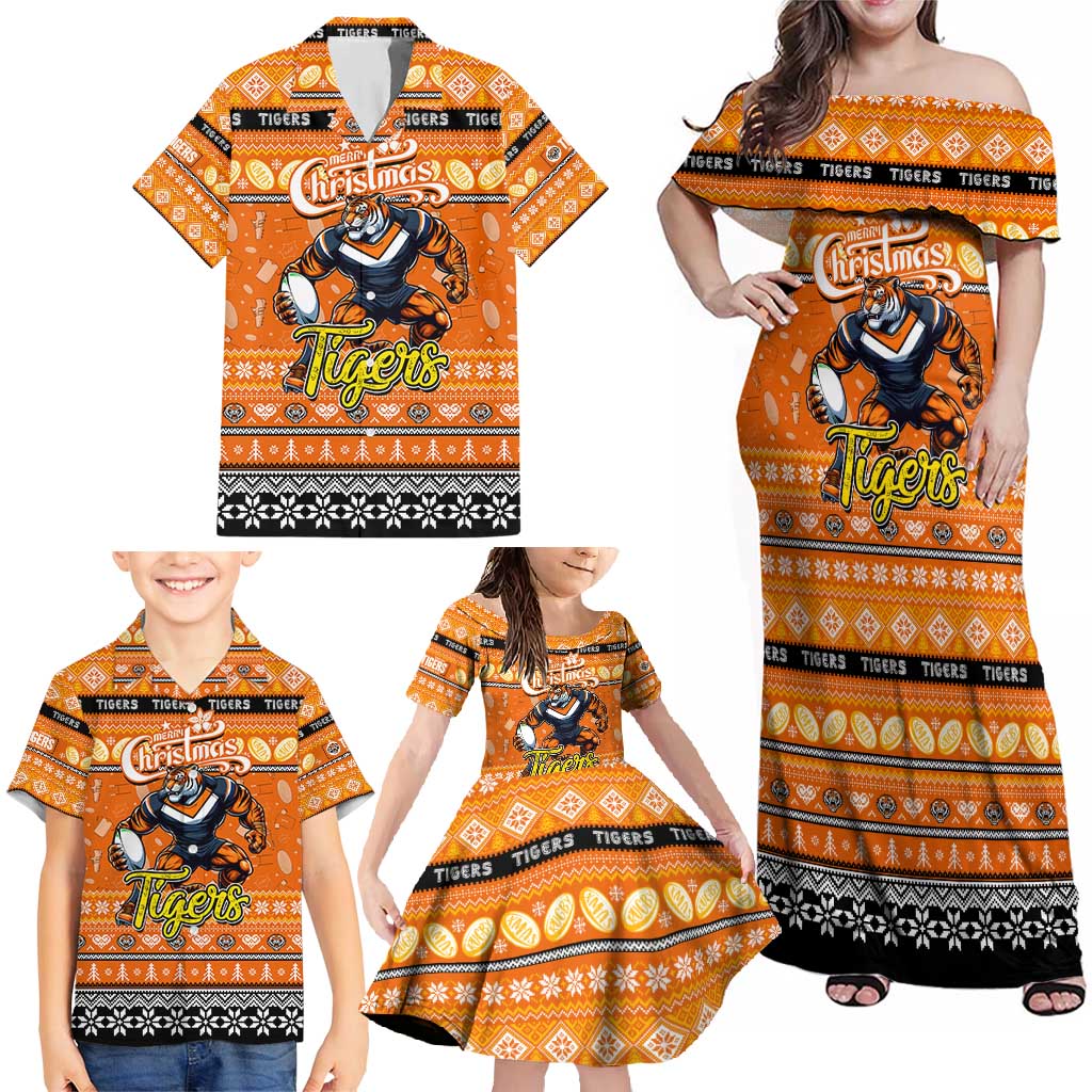 Personalized Tigers Rugby Xmas Family Matching Off Shoulder Maxi Dress and Hawaiian Shirt Australia NRL Mascot