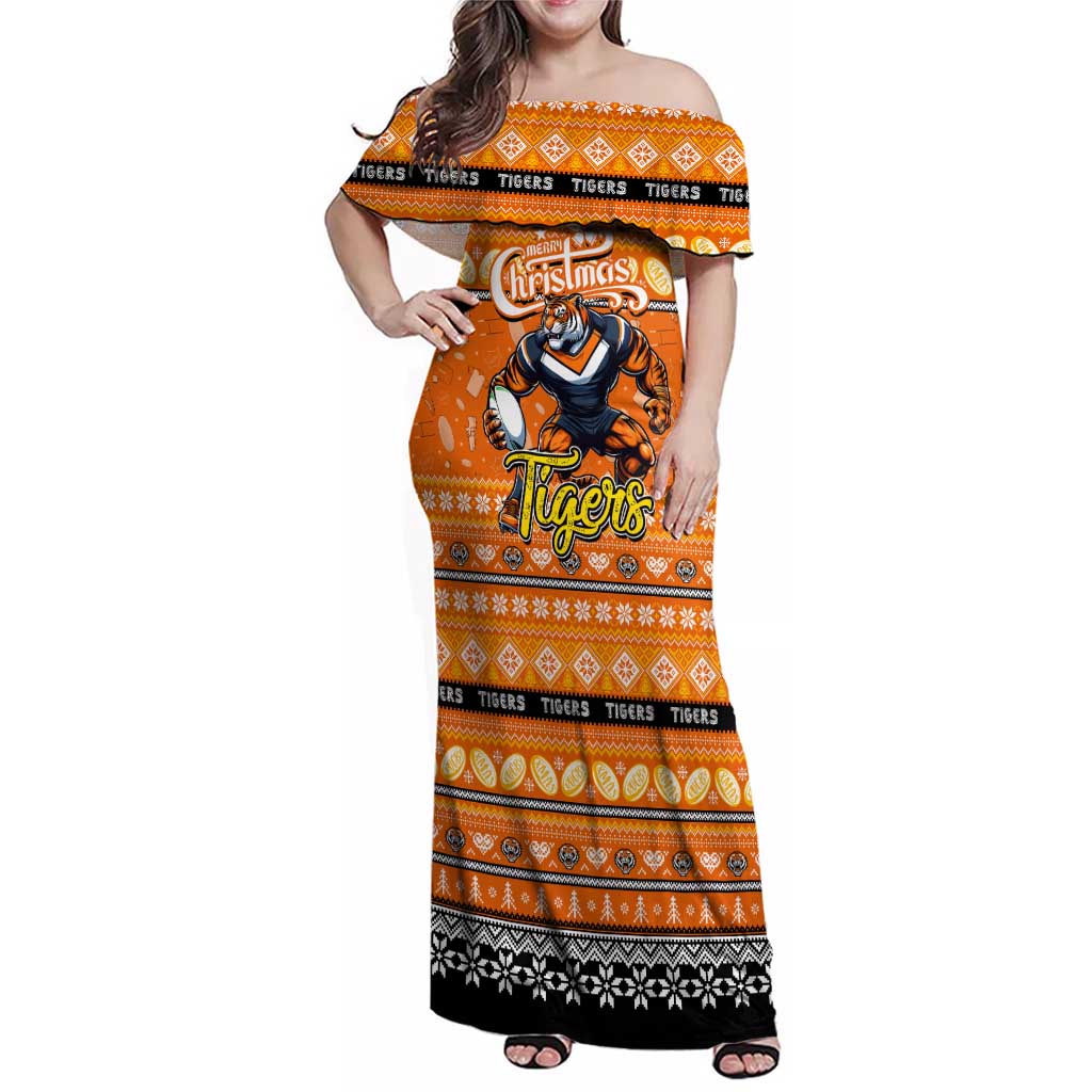 Personalized Tigers Rugby Xmas Family Matching Off Shoulder Maxi Dress and Hawaiian Shirt Australia NRL Mascot