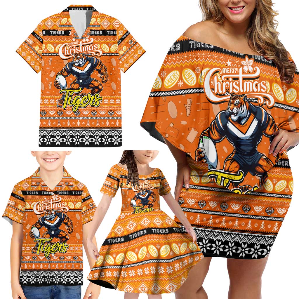 Personalized Tigers Rugby Xmas Family Matching Off Shoulder Short Dress and Hawaiian Shirt Australia NRL Mascot