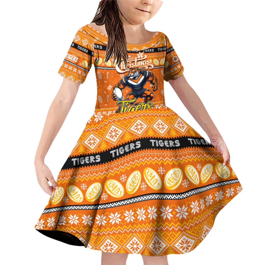 Personalized Tigers Rugby Xmas Family Matching Off Shoulder Short Dress and Hawaiian Shirt Australia NRL Mascot