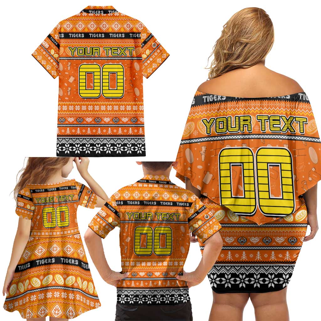 Personalized Tigers Rugby Xmas Family Matching Off Shoulder Short Dress and Hawaiian Shirt Australia NRL Mascot