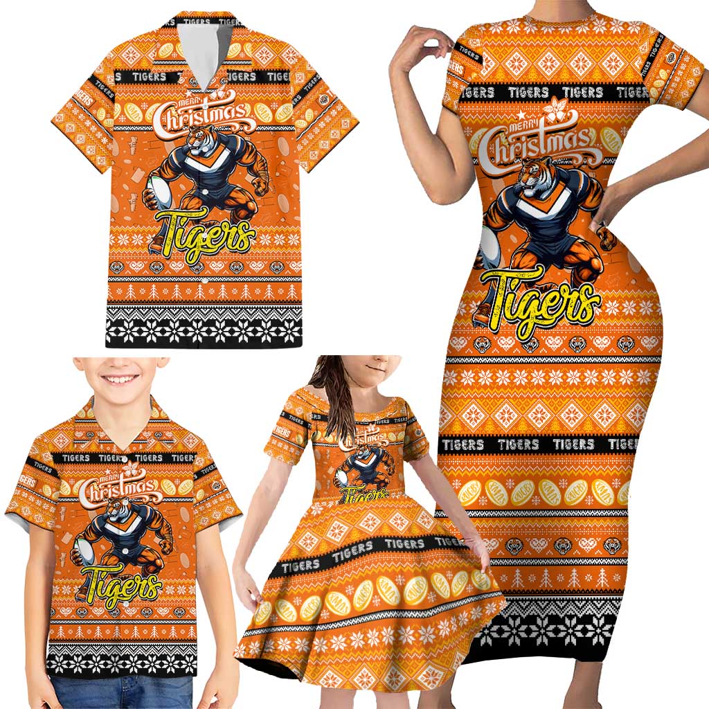 Personalized Tigers Rugby Xmas Family Matching Short Sleeve Bodycon Dress and Hawaiian Shirt Australia NRL Mascot