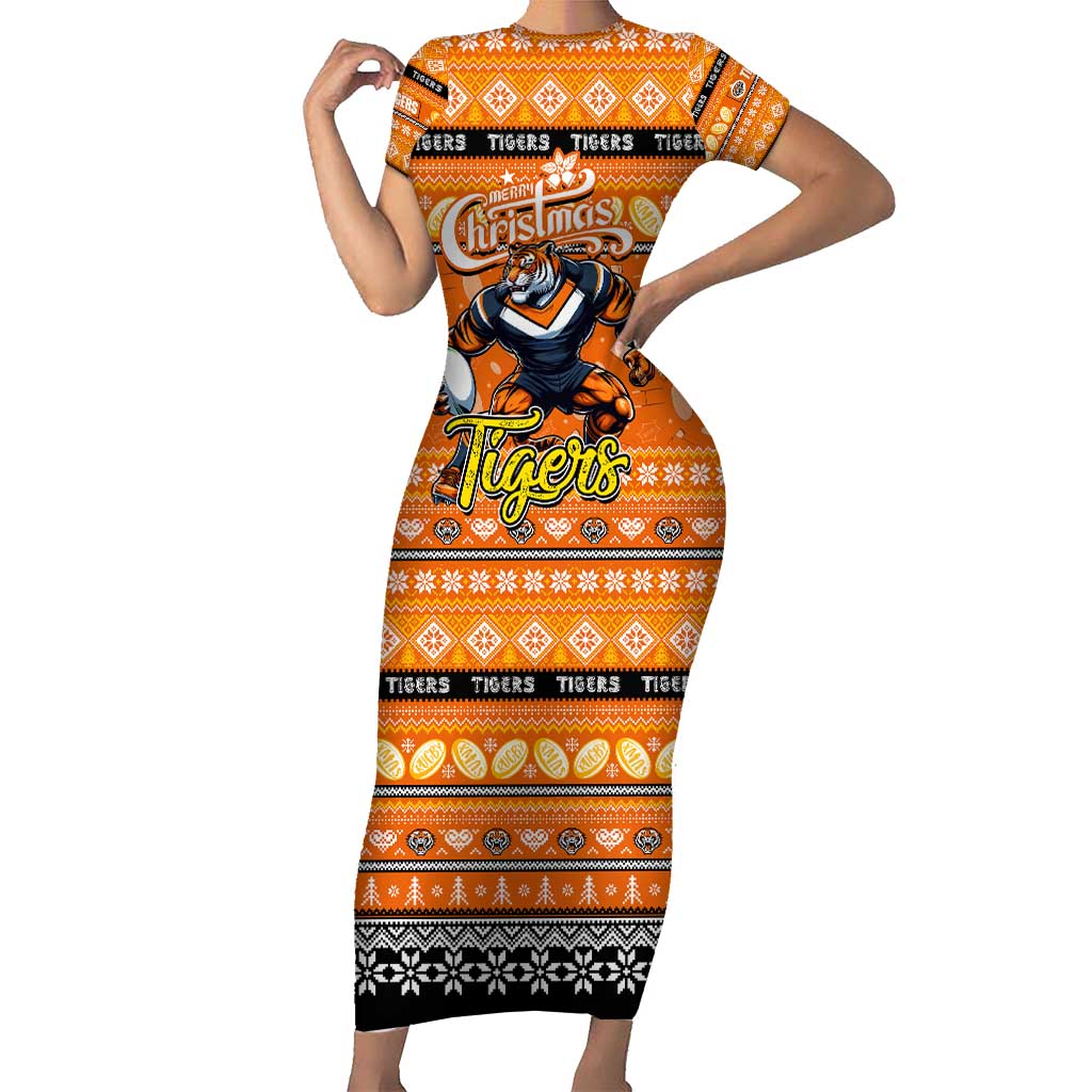 Personalized Tigers Rugby Xmas Family Matching Short Sleeve Bodycon Dress and Hawaiian Shirt Australia NRL Mascot