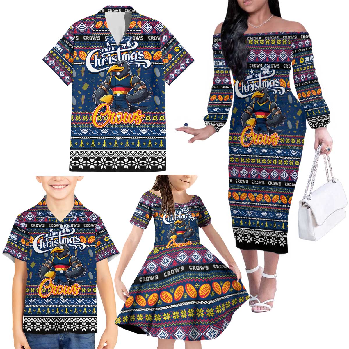Personalized Crows Rugby Xmas Family Matching Off The Shoulder Long Sleeve Dress and Hawaiian Shirt Australia AFL Mascot