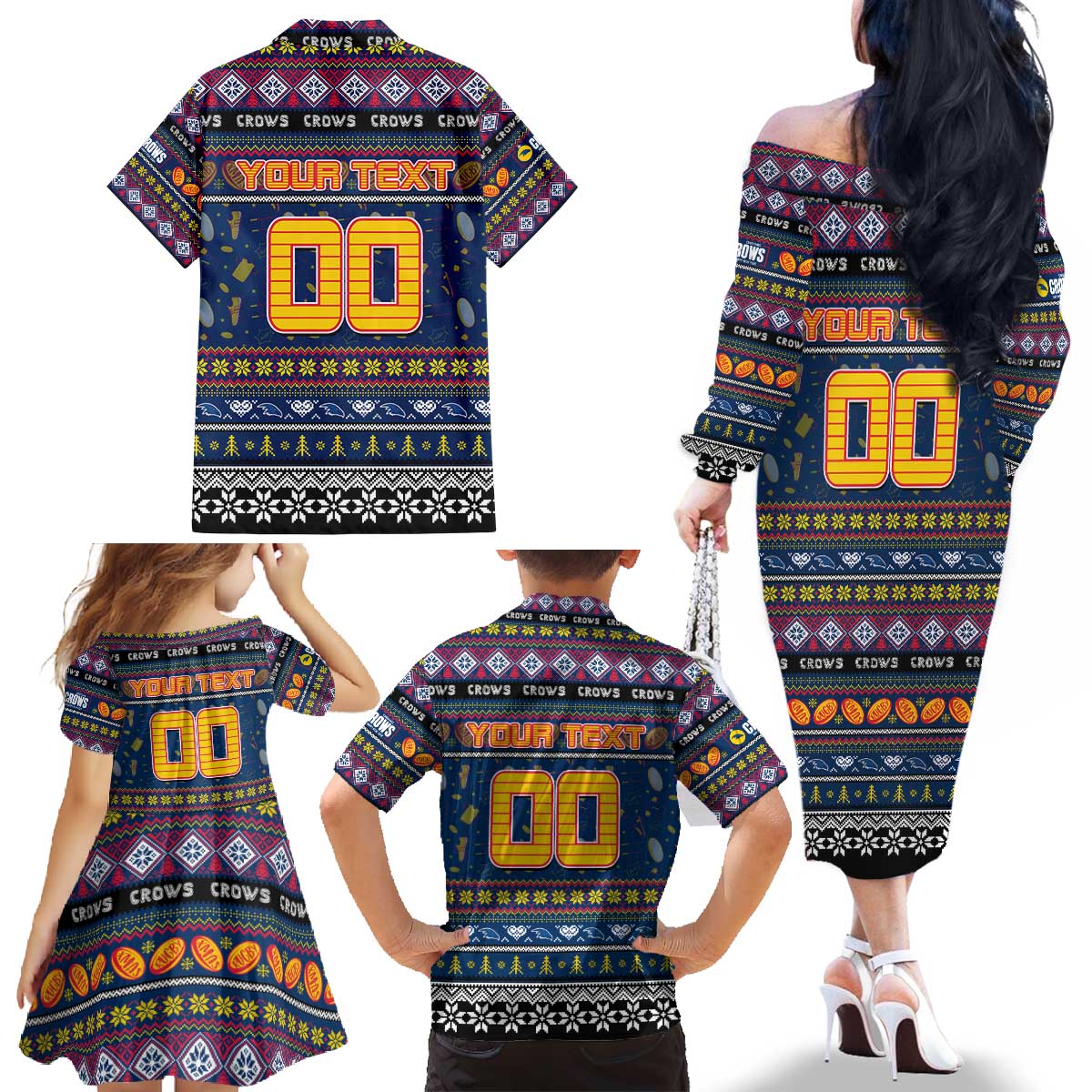 Personalized Crows Rugby Xmas Family Matching Off The Shoulder Long Sleeve Dress and Hawaiian Shirt Australia AFL Mascot