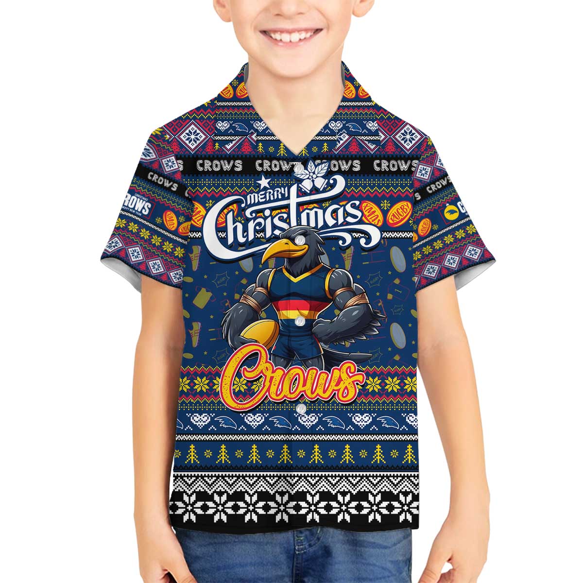 Personalized Crows Rugby Xmas Family Matching Off The Shoulder Long Sleeve Dress and Hawaiian Shirt Australia AFL Mascot
