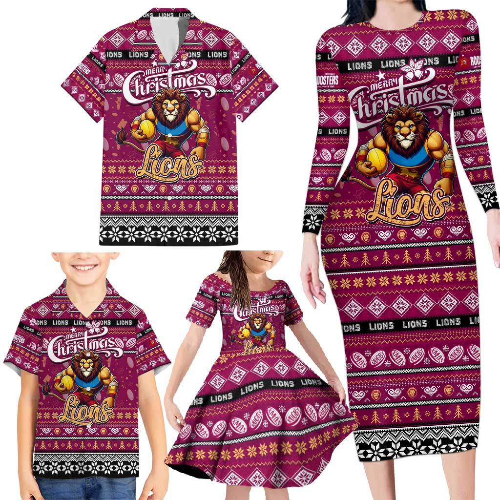 Personalized Lions Rugby Xmas Family Matching Long Sleeve Bodycon Dress and Hawaiian Shirt Australia AFL Mascot