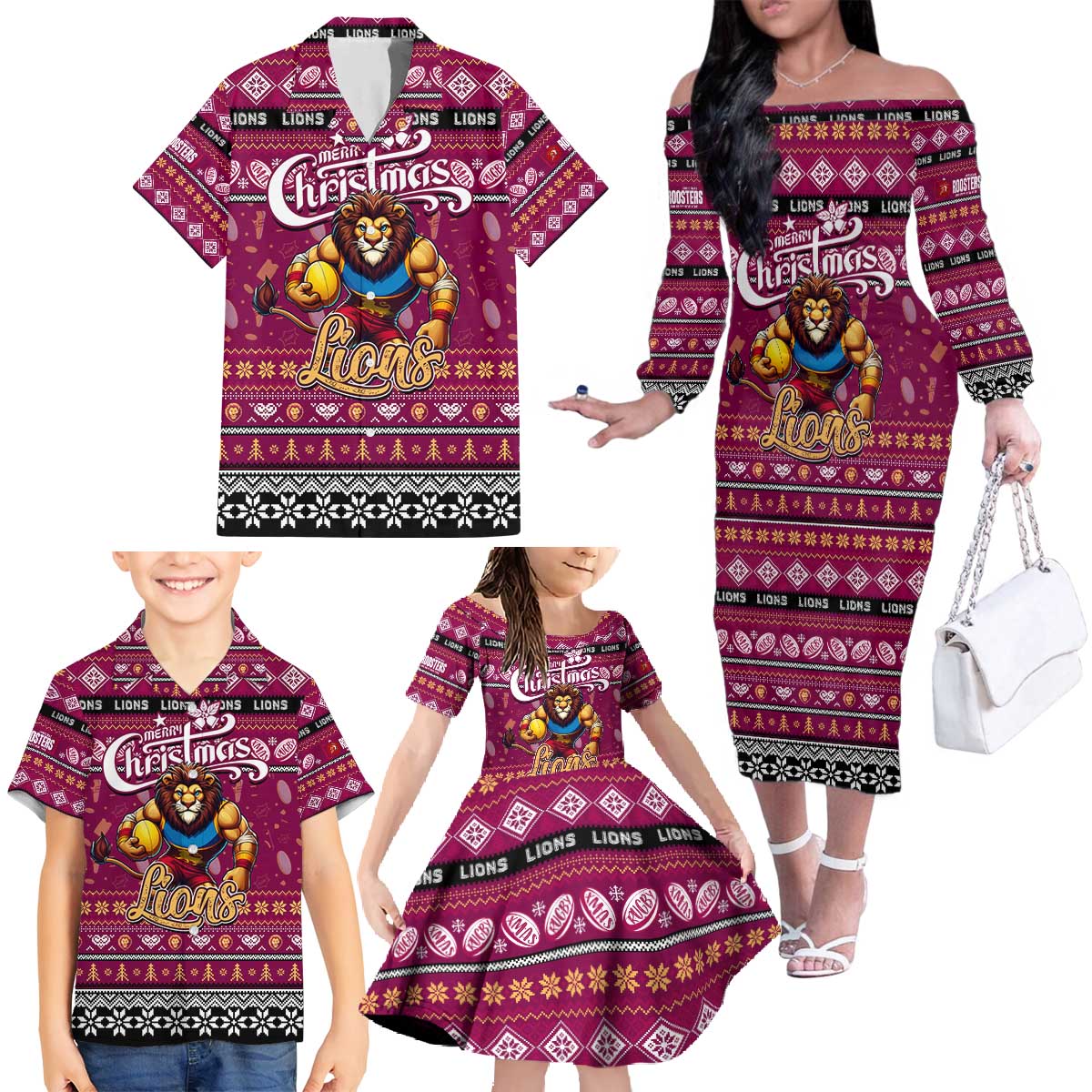 Personalized Lions Rugby Xmas Family Matching Off The Shoulder Long Sleeve Dress and Hawaiian Shirt Australia AFL Mascot