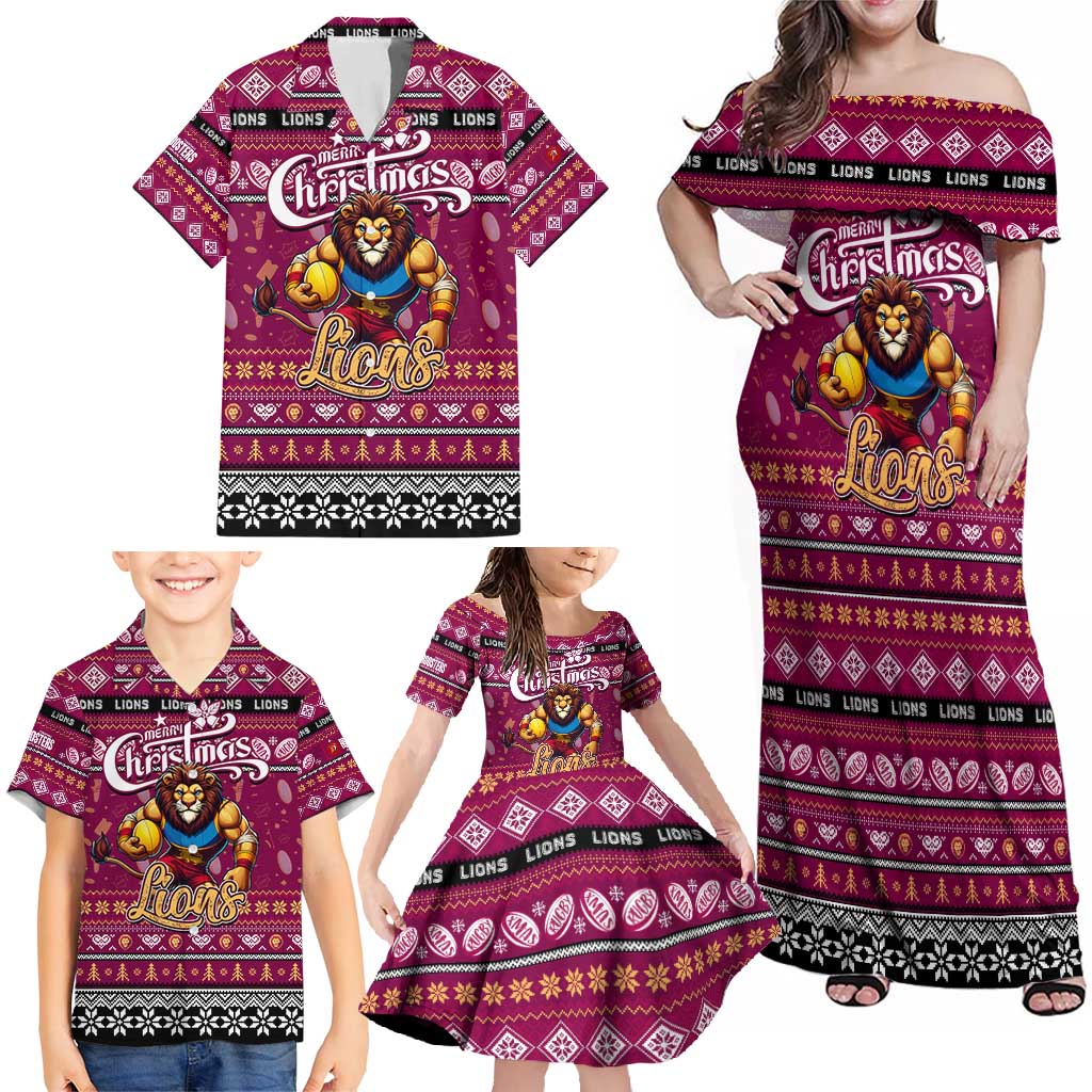 Personalized Lions Rugby Xmas Family Matching Off Shoulder Maxi Dress and Hawaiian Shirt Australia AFL Mascot