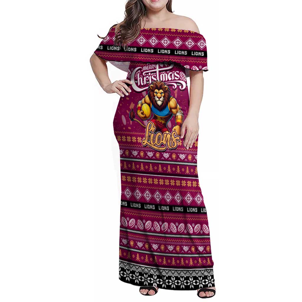 Personalized Lions Rugby Xmas Family Matching Off Shoulder Maxi Dress and Hawaiian Shirt Australia AFL Mascot