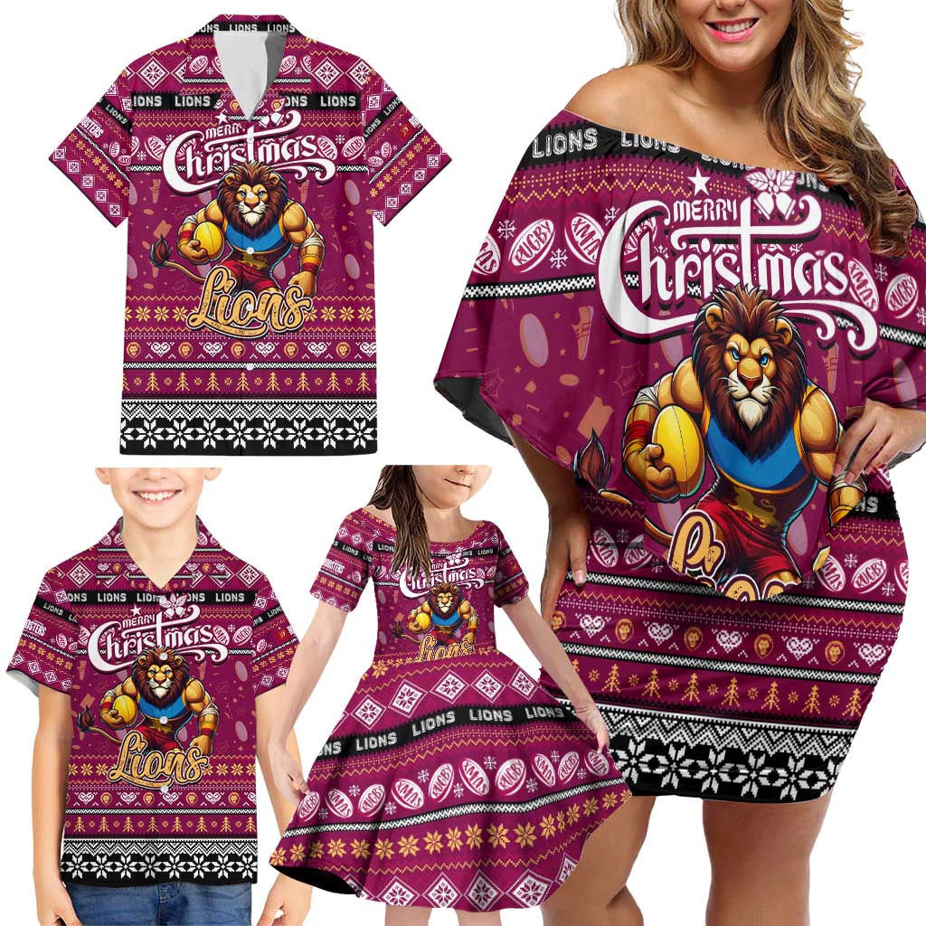 Personalized Lions Rugby Xmas Family Matching Off Shoulder Short Dress and Hawaiian Shirt Australia AFL Mascot