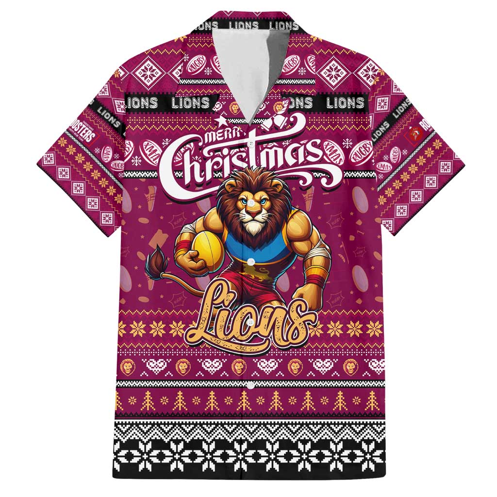 Personalized Lions Rugby Xmas Family Matching Off Shoulder Short Dress and Hawaiian Shirt Australia AFL Mascot