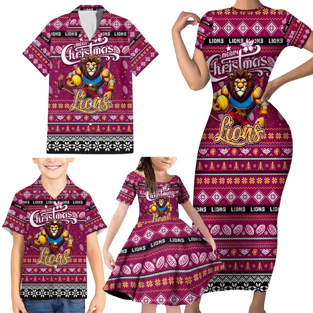 Personalized Lions Rugby Xmas Family Matching Short Sleeve Bodycon Dress and Hawaiian Shirt Australia AFL Mascot